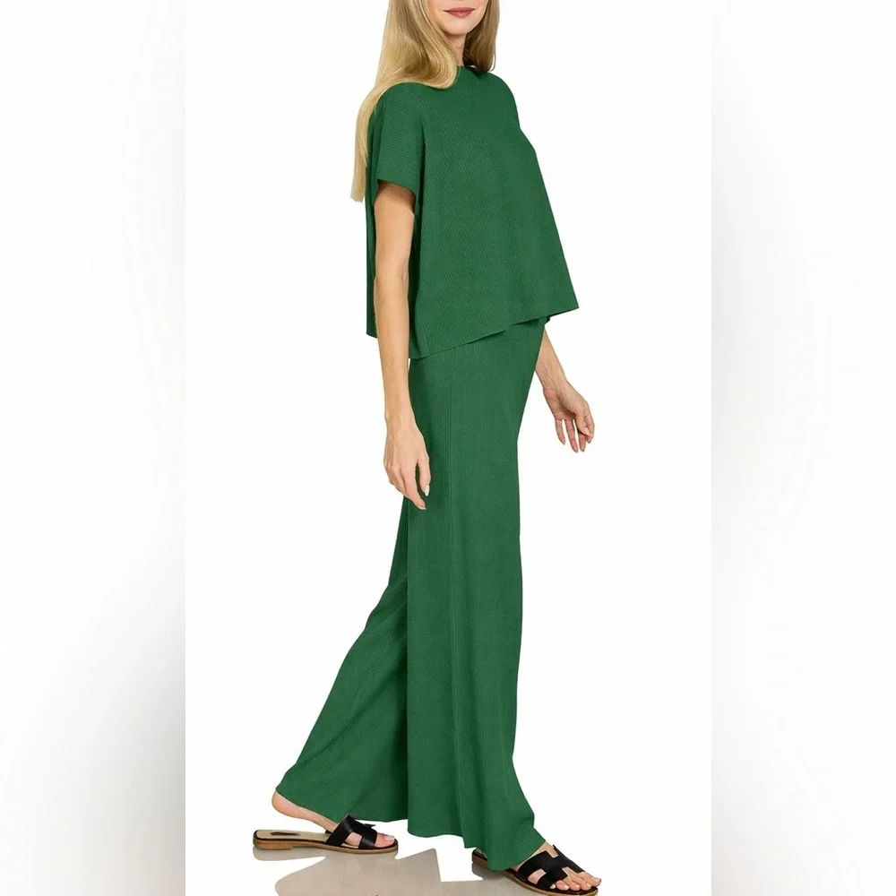 NEW Zenana Dark Green Ribbed Matching Set Size Small Viscose Top High Rise Pants